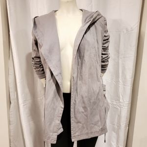 Lightweight gray jacket with hood, tie front